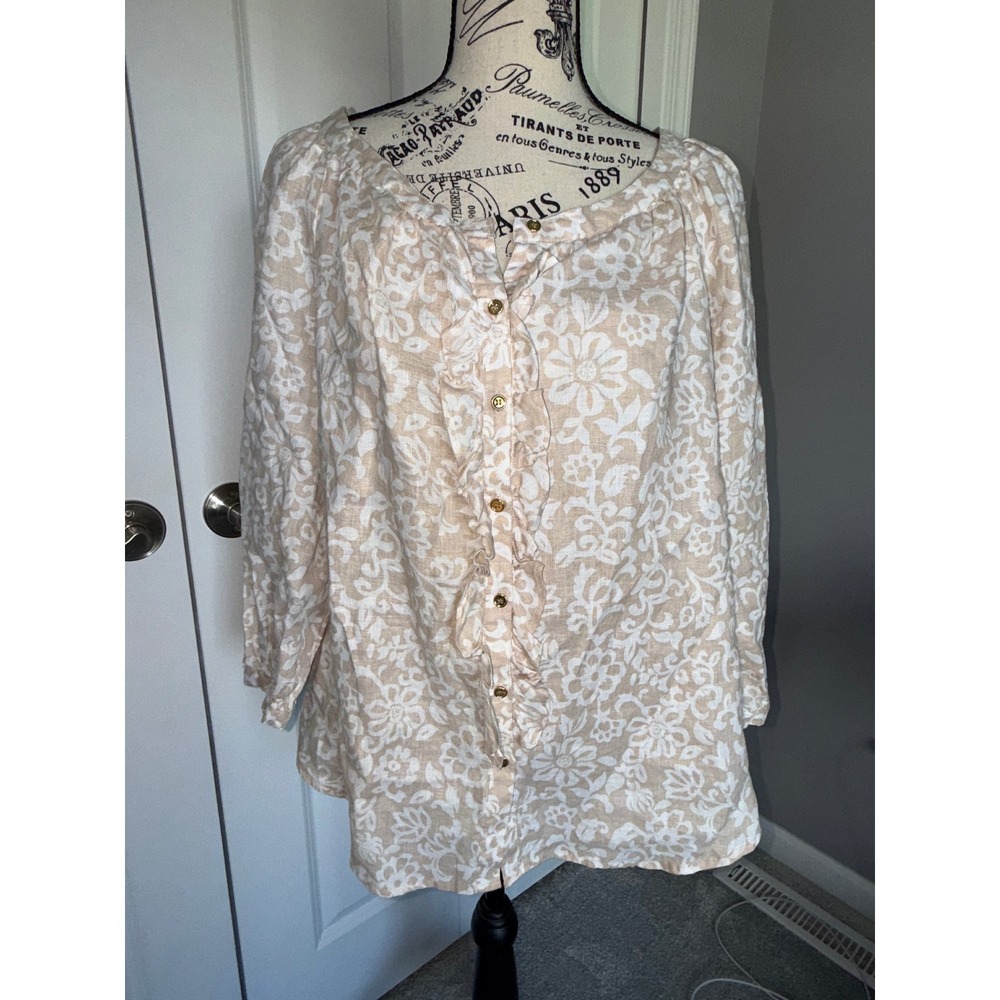 Charter Club Petite XL 100% Linen Ruffle Button Floral Blouse Tan Gold Button